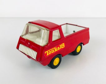 Vintage Tonka Pressed Steel Metal Pickup Truck, 4.5" Red and Yellow Truck with White Flatbed, 1970s Heavy Duty Metal Toy Car