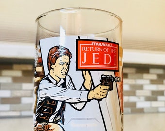 Vintage Star Wars Burger King Glass Tumbler with Han Solo and Luke Skywalker, 1980s ROTJ Movie Promo Coca Cola Collectible Drinking Glass