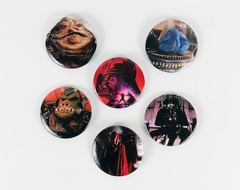 Vintage Star Wars Character Pinback Buttons from 1983, Return of the Jedi Movie Pins, 2" Round Metal Souvenir Badges, 80s Gifts for Men