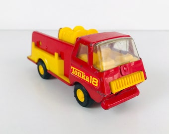 Vintage Tonka Pressed Steel Metal Firetruck Toy Car, 6" Miniature Red and Yellow Collectible Truck, 1970s Heavy Duty Tonka 18 Series