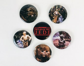 1983 Star Wars Pinback Buttons Set of 6, Return of the Jedi Movie 2" Pins, Yoda, Chewbacca, R2-D2 and C-3PO, Vintage Star Wars Collectibles