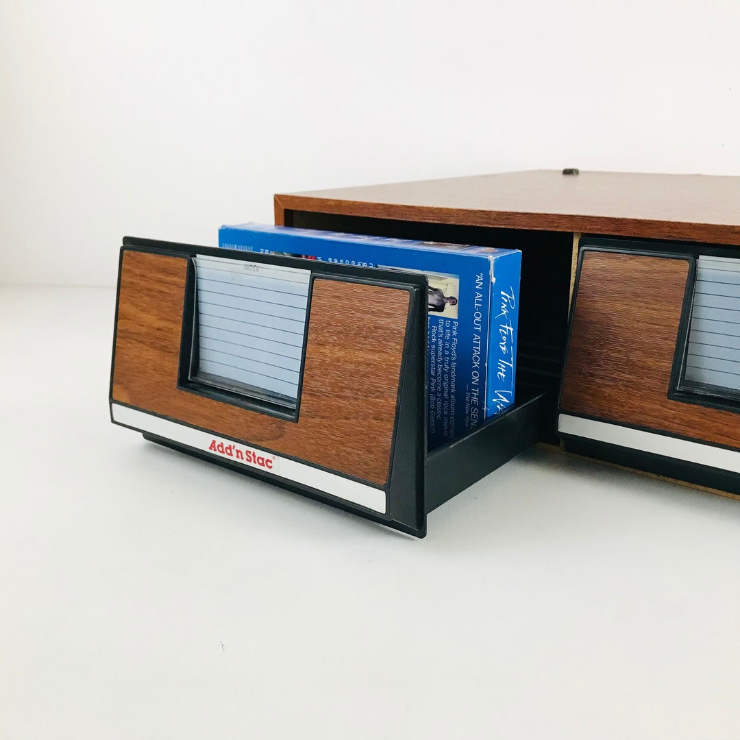 1980s Add'n Stac VHS Tape Faux Wood Storage Box With 2 Sliding Drawers