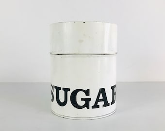 Vintage 1960s Metal Sugar Canister Kitchen Storage Container with Removable Lid, 6" White with Black Text Lightweight Countertop Tin