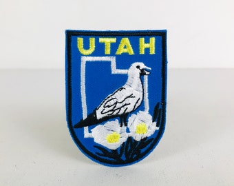 1980s Utah Iron On Patch with State Bird and Flower Design, PNW Pacific Northwest Outdoor Gifts, Vintage Voyager State Patches