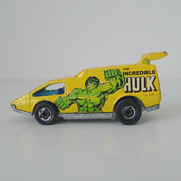 Vintage Hot Wheels Toy Car, The Incredible Hulk, 1970s Spoiler Sport - gift for him, Marvel, yellow, green, retro, diecast, kids toy