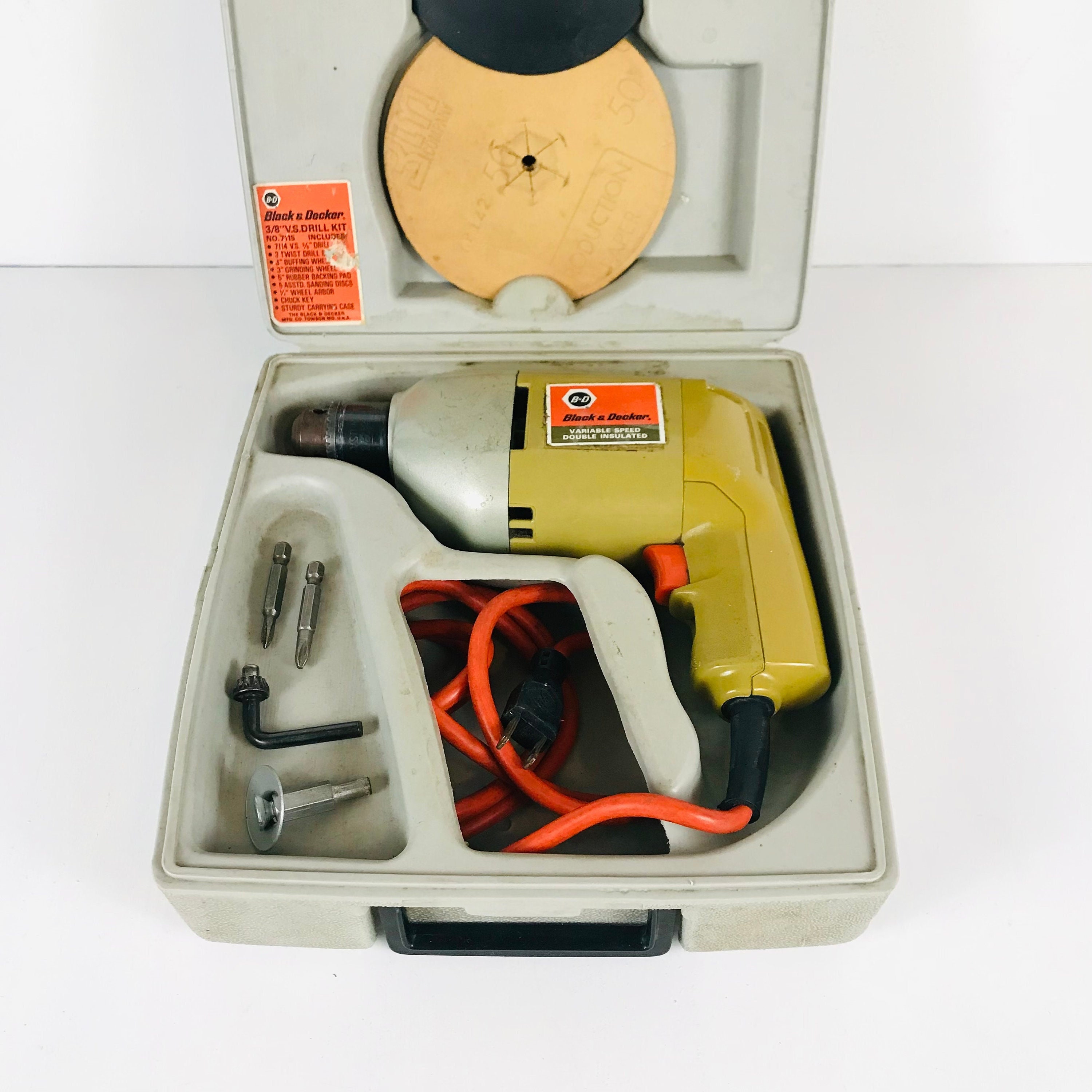 Vintage Black and Decker Variable Speed Drill Kit With Sanding Pad Attachments and Original Carrying Case 1960s DIY Man Cave Gifts Etsy