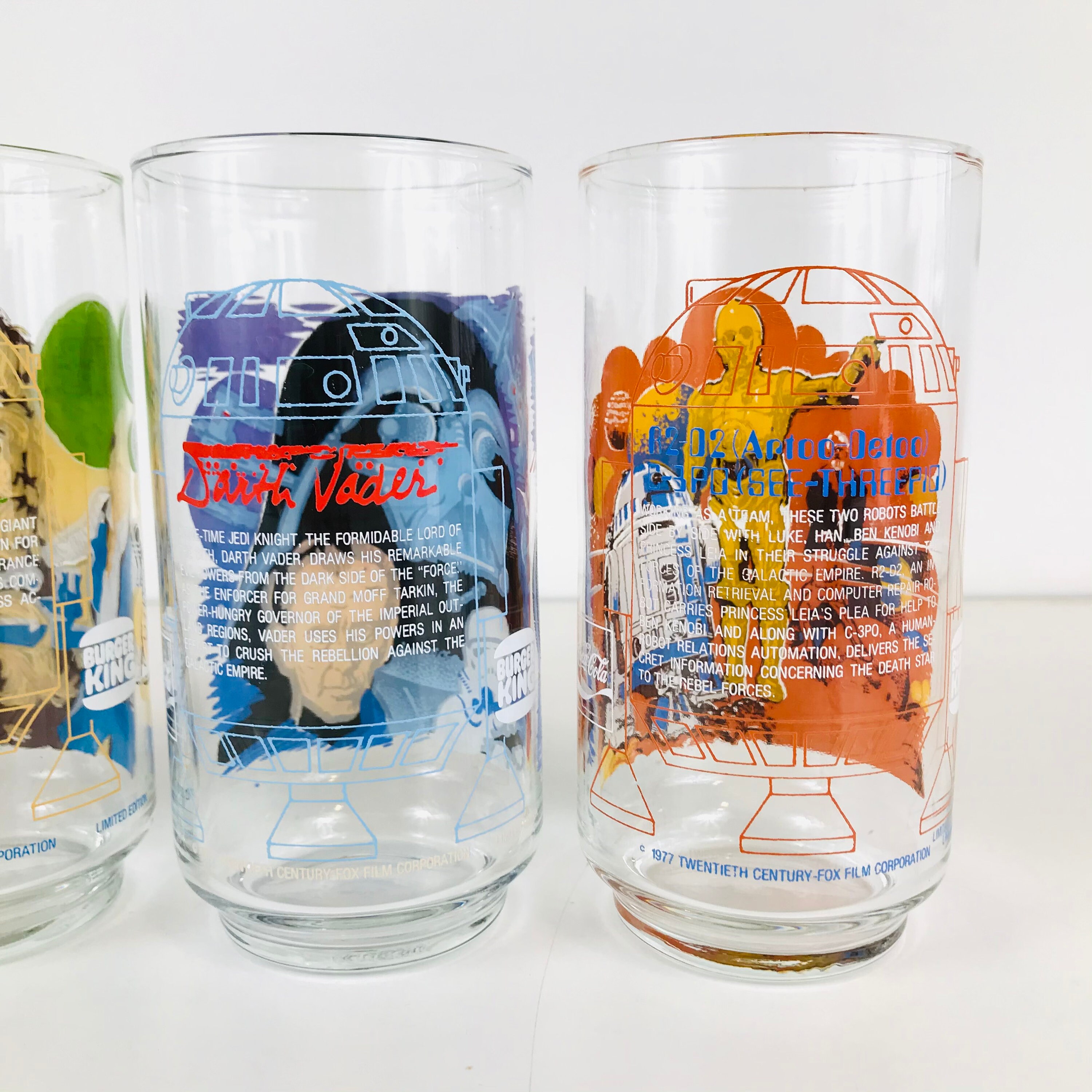 1977 Star Wars A New Hope Burger King Coca Cola Glasses, Vintage Glassware,  CHOOSE YOUR GLASS: Darth Vader, Han Solo, R2-D2, Luke Skywalker 