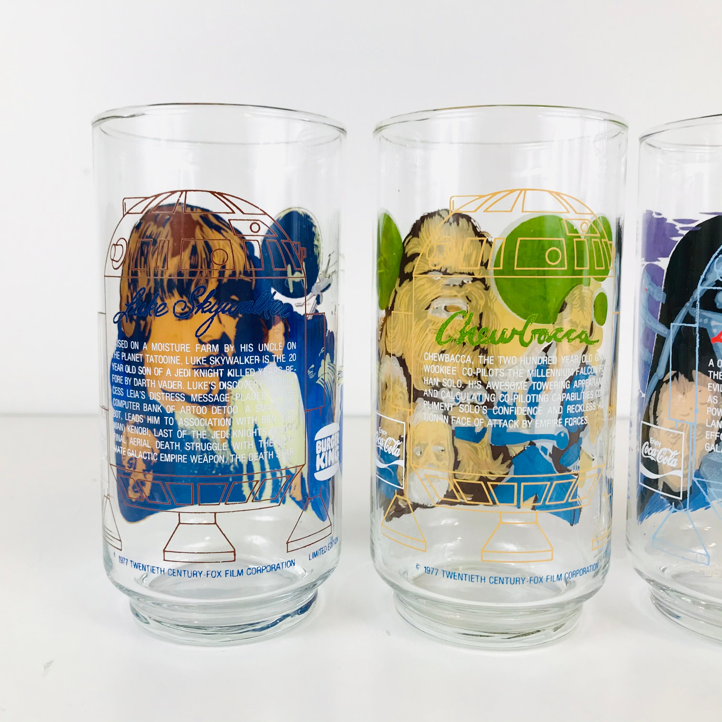 1977 Star Wars A New Hope Burger King Coca Cola Glasses, Vintage Glassware,  CHOOSE YOUR GLASS: Darth Vader, Han Solo, R2-D2, Luke Skywalker 