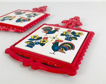 Vintage 1960s Red Cast Iron Ceramic Tile Trivets Drink Coasters By Fujimiyaki, Colorful Roosters and Flowers Print, FM Made in Japan