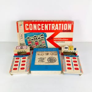 1960s Milton Bradley Concentration Board Game 9th Edition, Classic Puzzle Memory Game with Rolomatic Rebus Puzzle Scroll / Box / Accessories