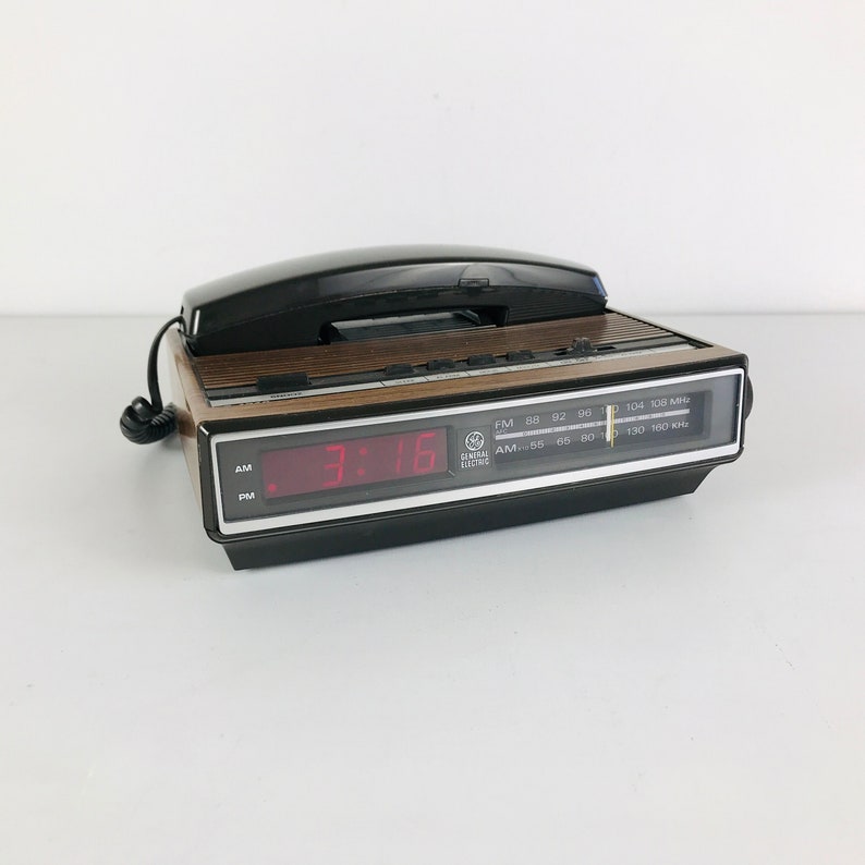 Vintage 1980s General Electric AM FM Clock Radio Alarm Clock with Landline Telephone, Retro Digital Clock with Faux Bois Design, GE 7-4710A image 1