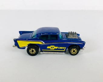 Vintage Hot Wheels Classic 57 Chevy Chevrolet Muscle Car, 1980s Miniature Die Cast Toy Car, Metallic Blue w/ Yellow Details and Gold Wheels