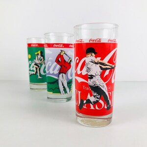 1980s Coca Cola Classic High Ball Style Glass Tumblers Set of 3, Baseball Golf Tennis Sports Themed Gifts, Retro Original Coke Logo Glasses image 1