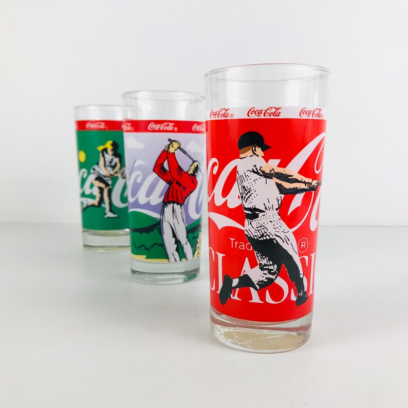 1980s Coca Cola Classic High Ball Style Glass Tumblers Set of 3, Baseball Golf Tennis Sports Themed Gifts, Retro Original Coke Logo Glasses image 1