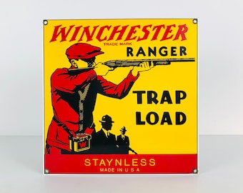 Vintage 1993 Winchester Ranger Trap Load Hunting Metal Sign, Retro 10" x 10" Wall Hanging Advertisment, Garage Barware Man Cave Decor
