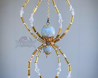 Golden Aqua Spider - Suncatcher, Plant Hanger, Ornament, Aquamarine; home decor