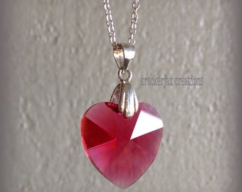 Swarovski crystal ruby heart pendant, sterling silver