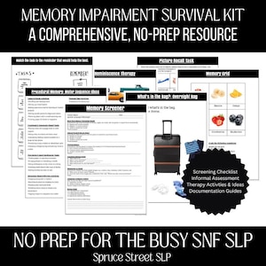 May include: A printable resource kit for speech-language pathologists working with individuals with memory impairment. The kit includes a variety of activities and assessments, such as a memory screener, a picture recall task, and a memory grid. The kit also includes a checklist for informal assessment, therapy activities and ideas, and documentation guides.