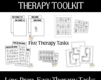 May include: Black and white printable domino therapy tasks for cognitive therapy. The tasks include finding all the fours, finding all the fives, only odds, only evens, dot totals 1-6, dot totals 7-12, and domino patterns. The text "Five Therapy Tasks" and "Low-Prep, Easy Therapy Tasks" is included in the image.