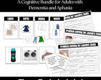 Pode incluir: Um pacote de lavanderia com o texto "LAUNDRY BUNDLE" e "A Cognitive Bundle for Adults with Dementia and Aphasia." O pacote inclui imagens de roupas, tarefas de lavanderia e eletrodomésticos.