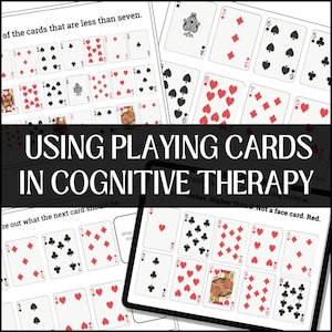 Pode incluir: Cartas de jogar com corações, paus, ouros e espadas são exibidas em uma superfície branca. O texto "USING PLAYING CARDS IN COGNITIVE THERAPY" está sobreposto na imagem. As cartas são usadas para terapia cognitiva.