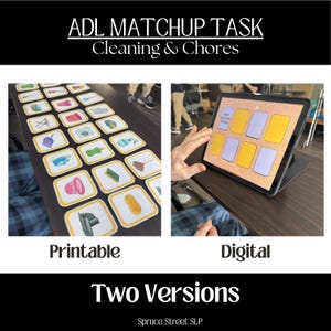 Op de afbeelding: Twee versies van een ADL-match-taak voor schoonmaken en huishoudelijke taken. De printbare versie heeft 20 kaarten met afbeeldingen van schoonmaakmiddelen en gereedschap. De digitale versie bevindt zich op een tablet met 8 vakjes om te matchen.