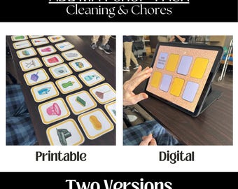 May include: Two versions of an ADL Matchup Task for cleaning and chores. The printable version has 20 cards with pictures of cleaning supplies and tools. The digital version is on a tablet with 8 squares for matching.