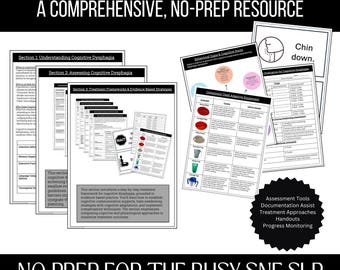 May include: A black and white printable resource kit for speech-language pathologists working with cognitive dysphagia. The kit includes sections on understanding, assessing, and treating cognitive dysphagia. The title "Cognitive Dysphagia Survival Kit" is at the top of the page. The text "A Comprehensive, No-Prep Resource" is below the title. The text "No Prep for the Busy SNF SLP" is at the bottom of the page. The text "Spruce Street SLP" is below the previous text.