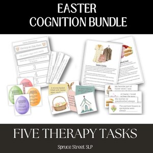 Könnte beinhalten: Fünf druckbare Oster-Therapie-Aufgaben für Kinder. Die Aufgaben beinhalten ein Suchspiel, ein Gedächtnisspiel, eine Sequenzierungsaktivität und eine Schreibaufforderung. Die Aufgaben sollen Kindern helfen, ihre kognitiven Fähigkeiten zu verbessern.