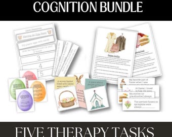 May include: Five printable Easter-themed therapy tasks for children. The tasks include a word search, a memory game, a sequencing activity, and a writing prompt. The tasks are designed to help children with their cognitive skills.