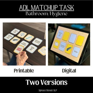 Peut inclure: Deux versions d'une tâche d'appariement ADL pour l'hygiène de la salle de bain. La version imprimable comporte des cartes avec des images et des mots, tandis que la version numérique est sur une tablette avec un fond en liège. Les cartes et l'écran de la tablette montrent des images d'un miroir, d'une brosse à dents, de dentifrice, de papier toilette, d'un rasoir et d'une agrafeuse.