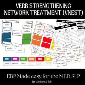 May include: Educational materials for speech therapy, featuring the text "VERB STRENGTHENING NETWORK TREATMENT (VNEST)". The image includes colorful cards with words like "Who," "Does," "What," "Where," and "When."