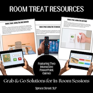 May include: A promotional image for "Room Treat Resources" featuring two interactive PowerPoint games. The image includes text and graphics related to using bed remotes, TV remotes, and call lights in a clinical setting. The phrase "Grab & Go Solutions for In-Room Sessions" is also displayed.