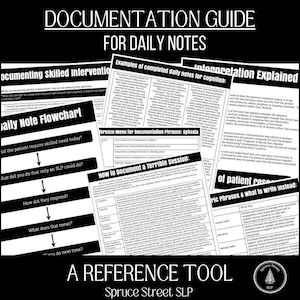 May include: A black and white documentation guide for daily notes. The guide includes flowcharts, examples, and reference tools for speech-language pathologists. The text includes "Documentation Guide," "Daily Note Flowchart," and "Spruce Street SLP."