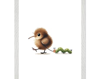 Kleiner Kiwi eine Raupe laufend - Kunstdruck