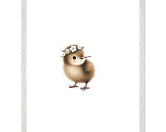 Petit kiwi portant une couronne de fleurs – Impression d'art