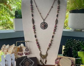 Handmade Rhodonite, Garnet, and Copper findings Jewelry Set:  Esmerelda