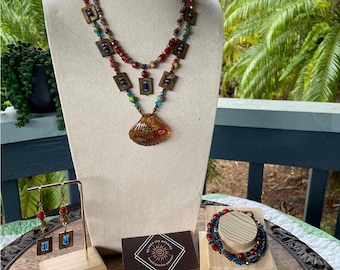 Handmade Gemstone Jewelry Set: Calliope - Calsilica, Shell, Carnelian, Copper Necklace & Bracelet