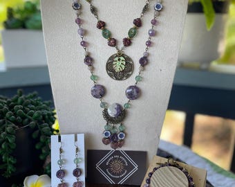 Handmade Gemstone Jewelry Set: Adaline - Amethyst, Rainbow Fluorite, Aventurine and bronze findings