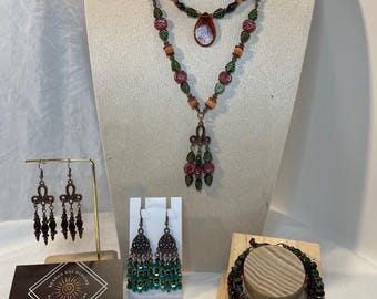 Handmade Garnet & Czech Glass Jewelry Set: Copper Boho Necklace Bracelet