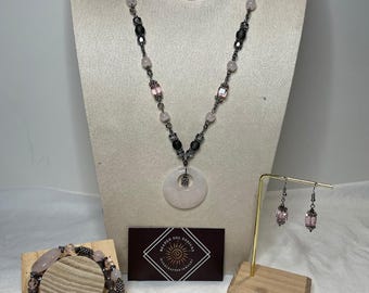 Handmade Rose Quartz Jewelry Set: Chloe - Boho Necklace, Bracelet and Earrings