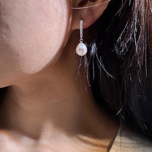 Real Natural Pearl Earrings | 925 Sterling Silver CZ Teardrop Dangle Earrings | Creamy White Freshwater Pearls | Elegant Gift for Her
