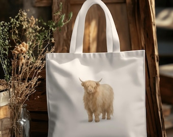 Highland Cow Print Tote Bag Farmhouse Bag Printed Tote Bag Cow Tote Rustic Bag Fluffy Highlander Cow Lover Gift Grocery Tote