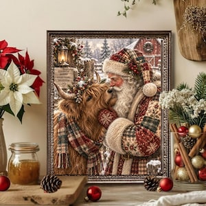 May include: A framed wall art print depicting Santa Claus with a long white beard wearing a patchwork coat and hat, nuzzling a Highland cow wearing a plaid scarf. The print includes the text 'KINDNESS MAKES EVERYTHING BRIGHTER' on a sign.