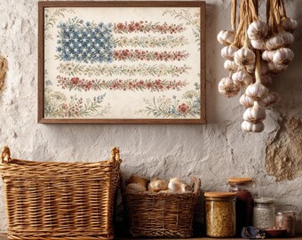 Floral American Flag Watercolor Wall Art, Wildflower Flag print, Rustic cottage decor, 4th of July poster, Patriotic flowers