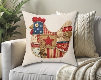 Patriotic Chicken Throw Pillow for July 4th, farmhouse Americana decor, country charm cushion, red white blue accent