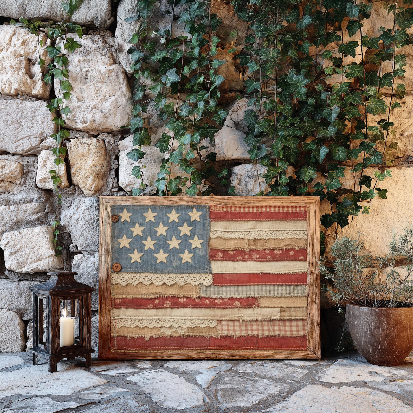 Rustic Patchwork American Flag Wall Art Print, Vintage USA Decor ...