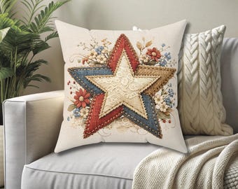 Rustic Americana Wildflower Star Pillow, patriotic throw pillow, farmhouse 4th of July decor, vintage country style, red white and blue