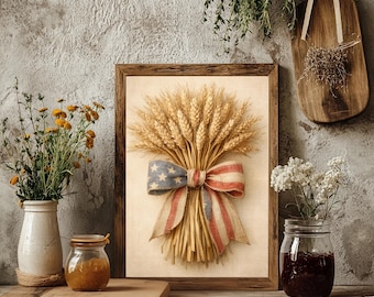 Fourth of July Wheat Bouquet Wall Print, American flag bow artwork, Patriotic poster, USA country decor