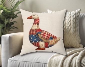 Americana Faux Patchwork Goose Accent Pillow, patriotic home decor, 4th of July cushion, rustic country style, stars and stripes